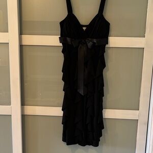 Betsy & Adam Black Ruffle Midi Dress with Satin Bow